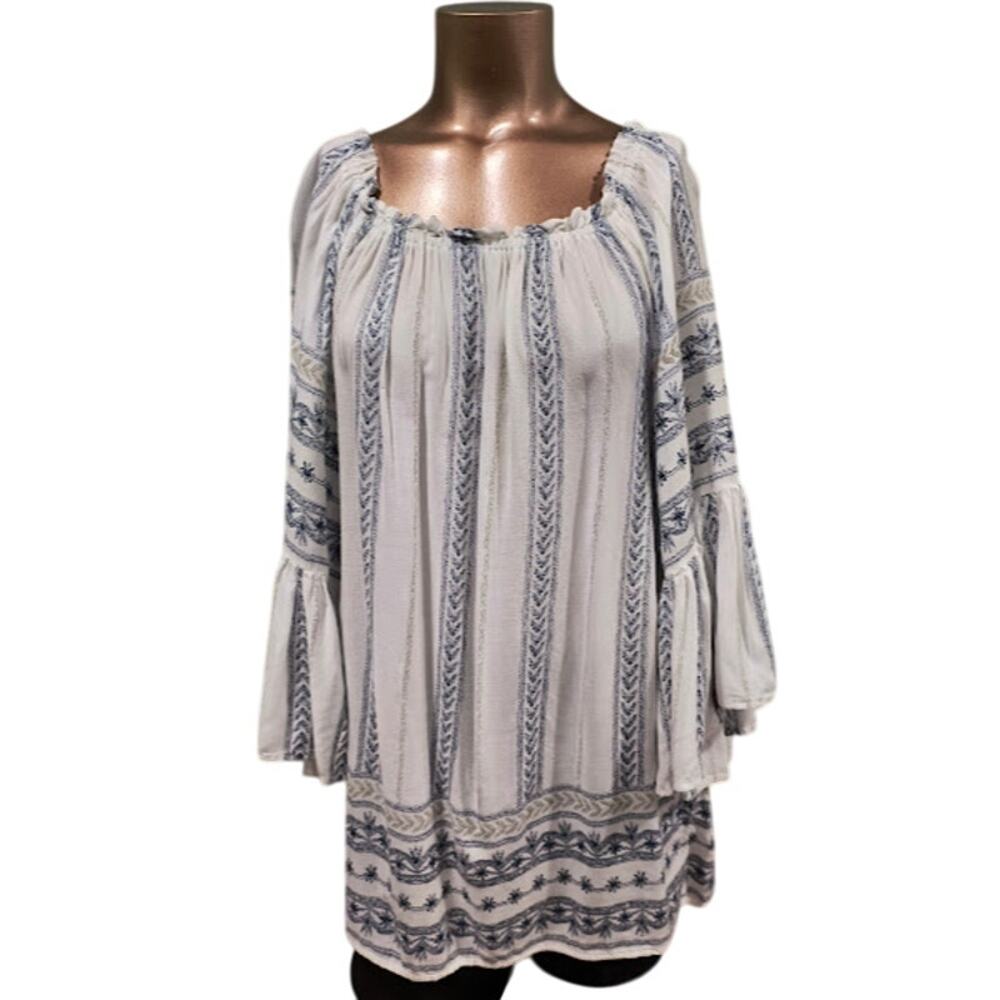Elan Peasant Top with Elasticized Neck Full Ruffled Sleeves, White,& Navy, Sz OS